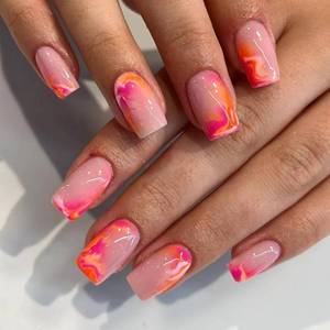 lot 10242 image: CurvLife Shrot Square Marble Press On Nails, Pink, Soft Gel