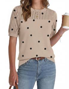 lot 10245 image: Zeagoo Spring Tops for Women Short Sleeve Sweater Crew Neck Sheer Casual Cute Blouses 2026 Trendy Sweater with Polka Dot