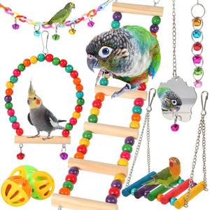 lot 10263 image: YIXUND Bird Toys for Parakeets, Parrots, Conures, Cockatiels, Love Birds, Finches, Mynah, Budgerigar - 9Pcs Wooden Ladder Bridge, Swing, Hammock, Cage Accessories