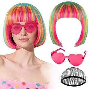 lot 12084 image: PLULON Pink Blue Bob Wig with Heart Sunglasses and Hair Cap