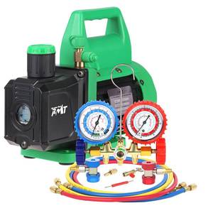 lot 19488 image: PB Motor Tech 4.5CFM Vacuum Pump & Brass AC Gauge, R134A R12 R22 R502 (Used)