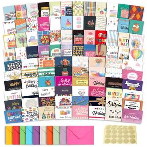 lot 19513 image: 100 Unique Birthday Cards with Envelopes - Assorted Happy Birthday Cards, 4 x 6 inches, Envelopes & Stickers in Bulk Boxed Set