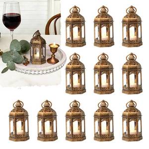 lot 19521 image: Reperla Mini Moroccan Lanterns with LED Tealight Set of 11, Vintage Brown Decorative Hanging Lanterns for Ramadan, Christmas, Halloween, Wedding, Fairy Party Decorations, Table Centerpiece