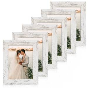 lot 19525 image: iRahmen 5x7 Picture Frame Set of 6, White Rustic Frame with High Definition Real Glass, 5 x 7 Wood Photo Frames for Tabletop Display and Wall Mounting