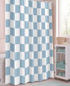 lot 2017 image: Blue and white checkered shower curtain approximately 5 ft x 6 ft