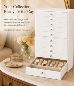 lot 13444 image: 10-Drawer White Tall Jewelry Box with Knob Handles