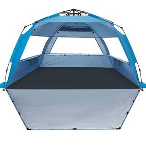 lot 1339 image: WhiteFang Deluxe XL Pop Up Beach Tent Sun Shade Shelter for 3-4 Person, UV Protection, Extendable Floor with 3 Ventilating Windows Plus Carrying Bag, Stakes, and Guy Lines (Solid Blue)