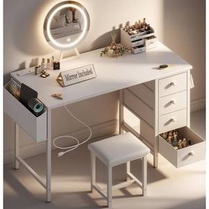 lot 1361 image: KAI-ROAD White Vanity Desk with Mirror and Light- Makeup Vanity Set Table with Chair, Storage, Lighted Mirror, 4 Large Fabric Drawers & Power Outlet, Dressing Table Vanities for Girls Bedroom