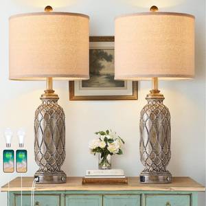 lot 1368 image: Ireliare Farmhouse Lamps for Bedroom Set of 2, 28 VintageTable Lamps for Living Room with USB AC Charging Ports, Touch Lamps for Nightstand, 2 Bulbs Included