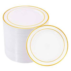 lot 2119 image: bUCLA 100Pieces Gold Plastic Plates - 6.25inch White with Gold Rim Disposable SaladDessertAppetizerSmall Cake Plates Premium Hard - Ideal for Wedding, Party