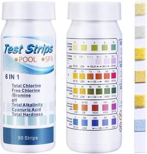 lot 2123 image: SuperCheck 6-Way Spa Test Strips for Hot Tub, 7 Parameters, 50 Count, Hot Tub Test Strips for Chlorine, Bromine, pH, Alkalinity, Cyanuric Acid and Hardness Levels in Pool and Spa, Test Kit for Pools