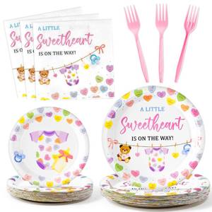 lot 10296 image: G1ngtar A Little Sweetheart Is On The Way Baby Shower Party Plates Supplies - Serves 24-96Pcs Conversation Heart Tableware Decoration Disposable Paper Plates Napkin Fork for Birthday
