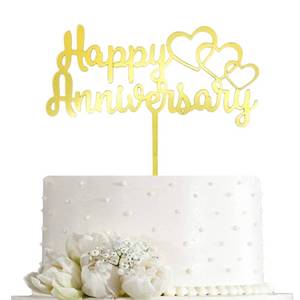 lot 10297 image: Gold Happy Anniversary Cake Topper - Mirror Acrylic Heart Anniversary Cake Decoration for Weddings, Anniversaries Party Decoration, Style 2