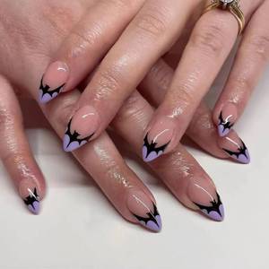 lot 10311 image: Halloween Press On Nails Medium Almond Fake Nails Purple French Tip False Nails With Bat Design Nude Acrylic Nail Full Cover Artificial Glossy Glue On Nails Stick On Nail For Women 24pcs