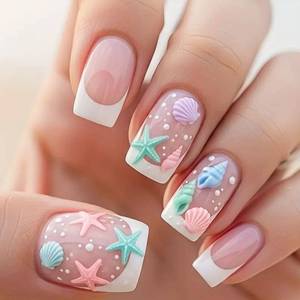 lot 10312 image: Marine Medium Square Press on Nails Nude Base Pastel Starfish Shell Accents French Tip Details Glossy Finish Reusable Summer Nails Easy Apply Fashion Wear Durable Trendy Women Girls Nail Art 24 Pcs