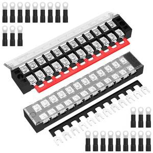 lot 10324 image: Joinfworld 35A Terminal Block 12 Position Screw Terminal Strip Dual Row with Cover and 12 Position Pre-Insulated Terminal Jumper Block - 2pcs