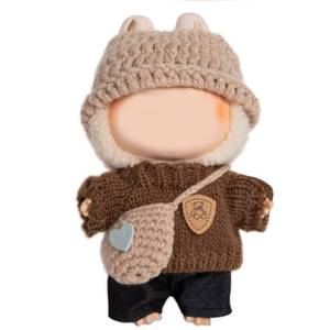 lot 10342 image: 17cm Doll Clothing for Labubu - Kawaii Chic Style Set for 17cm Dolls, Premium Doll Outfit with Accessories - Khaki Wool Hat  Brown Romper  Black Jeans  Khaki Bag (Clothes Only)