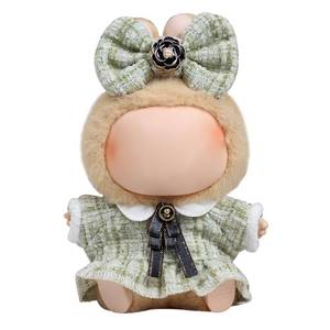 lot 10345 image: 17cm Doll Clothes for Labubu - Luxury Chic Style Set for 17cm Dolls, Premium Doll Outfit with Accessories - Green Plaid Tweed Dress  Black Necktie  Plaid Bow (Clothes Only)