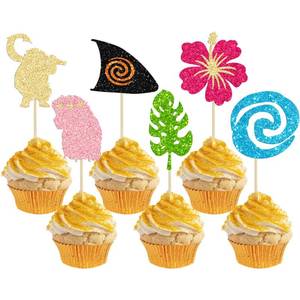 lot 10363 image: Gyufise 24Pcs Moa Inspired Cupcake Toppers Glitter Palm Leaf Flower Moana Cupcake Pick Decorations for Tropical Hawaiian Luau Theme Baby Shower Birthday Party Supplies