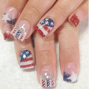 lot 10371 image: Independence Day Press on Nails Short French Tip Fake Nails American Flag Full Cover Patriotic False Nails with Glitter Red Blue Star Glue on Nails 4th of July Acrylic Nails for Women Manicure 24Pcs