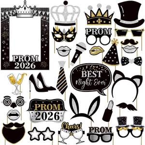lot 10394 image: 30pcs Prom Decorations 2026 Prom Photo Booth Props with Photo Frame, Black Gold Silver Prom 2026 Decorations, Prom Send Off Decorations 2026 Photo Props
