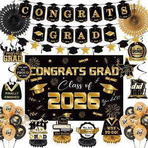 lot 10397 image: Graduation Decorations 2026 Black and Gold Party Decor Includes Congrats Grad Banner, Class of 2026 Backdrop, Paper Fan Honeycomb Centerpieces Balloons Complete Party Supplies for College High School