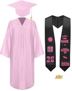 lot 10404 image: CRASHOT Graduation Cap and Gown 2026, Unisex Shiny Uniforms, Includes Stole, Tassel Charm & 9 PCS Heat Transfer Decals for College High School Graduate(Pink 51)