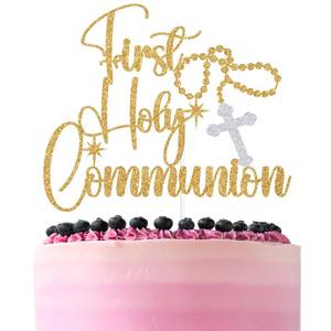 lot 10409 image: Gold Glitter First Holy Communion Cake Topper, Rosary Cross My Baptism Decor, Religious Christening Baptism Baby Shower Party Decorations Supplies