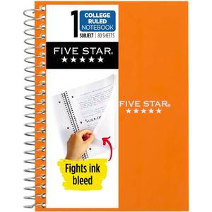 lot 18492 image: Five Star Spiral Notebook, 1 Subject, College Ruled, 4-38 x 7