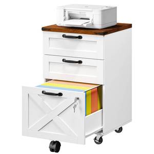 lot 19565 image: HOOBRO 3 Drawer File Cabinet with Lock, Mobile Farmhouse Filing Cabinet for A4Letter Size, Under Desk Rolling Office Cabinet, Printer Stand with Storage for Home Office, White and Walnut WH67WJ01