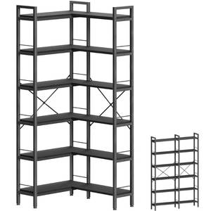 lot 19576 image: Huuger 6 Tier Bookshelf, L Shaped Corner Bookshelf with Open Shelves, 49.4 Inch Straight Wide Bookcase with Metal Frame and Wooden Board, Adjustable Feet, Black