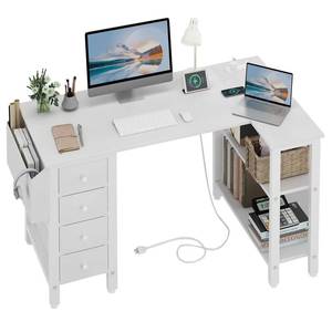 lot 19579 image: Lufeiya White L Shaped Computer Desk with Drawers & Storage Shelves, 47 Inch Corner Reversible Desk with Power Outlet for Home Office Bedroom, L-Shaped Teen PC Desks with Fabric Drawer, White