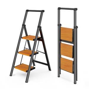 lot 19580 image: WOA WOA 3 Step Ladders for Home, 300lbs Load, 26 Top Step, BKWood Grain