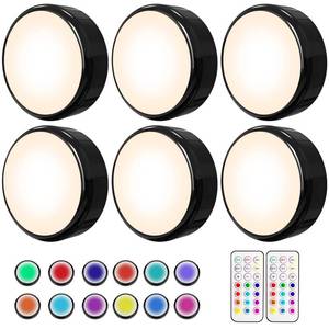 lot 20131 image: HELPLEX LED Puck Lights with Remote, 6 Pack Color Changing RGBW, Battery Powered, Dimmable Under Cabinet Lighting with Timer & Memory, Wireless Stick-On Lights, Black