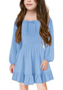 lot 20201 image: Batermoon Girls Long Sleeve Square Neck Casual Boho Smocked Short Dresses 5-14 Years Light Blue