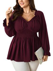 lot 20203 image: SCOMCHIC Womens Plus Size Tops Long Sleeve Blouse Ruffle Sweetheart Neckline Smocked Peplum Babydoll Top Burgundy L