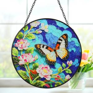 lot 20214 image: 8inch Stained Glass Suncatcher, Butterfly Stained Glass Window Hanging Sun Catchers Ornaments for Indoor Windows Wall Garden Kitchen Home Decor Gifts for Women Birthday Mothers Day Religious Easter