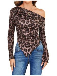 lot 20219 image: RoseSeek Womens Off Shoulder Tie Dye Mesh T Shirt Long Sleeve Asymmetrical Hem Ruched Fitted Tee Tops Mix Brown X-Large