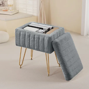 lot 1330 image: Vanity Storage Ottoman Stool, Compact Faux Fur Footstool with Soft Seat, Modern Cute with 4 Metal Legs, Gray