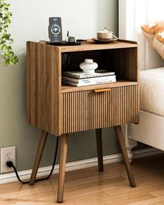 lot 1430 image: JOONEE Nightstand with Outlet,Modern Bedside Table with Storage Drawer and Open Wood Shelf, for Living Room, Bedroom and Small Spaces, Accent Night Stand with Solid Wood Legs, Easy Assembly,Brown