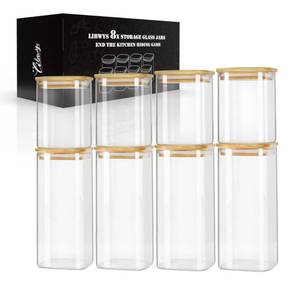 lot 1432 image: LIBWYS 8-Pack Square Glass Storage Jars with Bamboo Lids (0.6Qt1.06Qt)