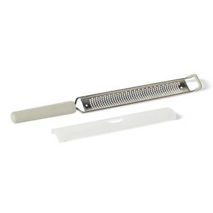lot 10009 image: Amazon Basics Lemon Zester and Cheese Grater Tool, Stainless Steel, Rust-Resistant, Non-Slip Soft Grip Handle, Dishwasher-Safe, Linen Gray