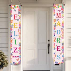 lot 10437 image: Feliz Dia De Las Madres Decorations, 2 Pcs Happy Spanish Mothers Day Porch Banner Decor, Hanging Porch Door Cover Decoration for Indoor Outdoor Holiday Party Supplies