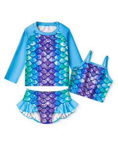 lot 10473 image: LQSZ Girls Rash Guard Sets Blue Shiny Mermaid Long Sleeves Swimsuit 3 Pieces Tankini Bathing Suit Swimwear for Girls Beach Summer 3 4t