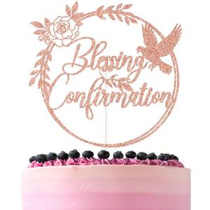 lot 10481 image: Rose Gold Glitter Blessing Confiirmation Cake Topper, Spring Flower White Dove Confirmation Decor, Religious Baptism Christening Bridal Shower Wedding Engegement Party Decorations Supplies