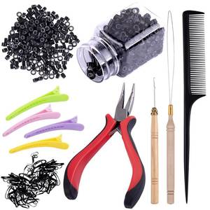 lot 10494 image: Duufin Hair Extension Tool Kit 500 Pcs Black Hair Extension Beads With Tool