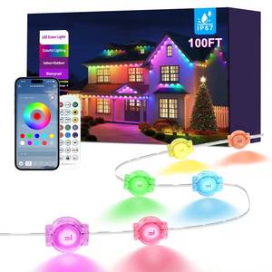 lot 10497 image: 100FT Permanent Outdoor Lights for House, RGB LED Waterproof Smart Eave Lights Outdoor House Decor with Smart APP Remote Control, Outside Eaves Lighting for Holiday, Christmas, Roof, Party, Daily