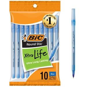 lot 14228 image: BIC Round Stic Xtra Life Ballpoint Pens, 10-Pack, 1.0mm Blue