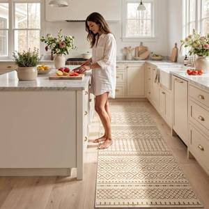 lot 17318 image: Amada 2x6 Washable Runner Rug, Beige Boho Geometric