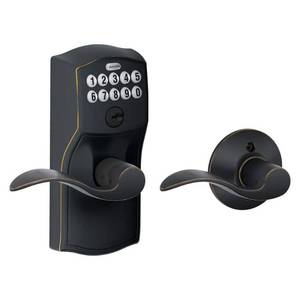 lot 19588 image: SCHLAGE FE575 CAM 716 ACC Camelot Keypad Entry with Auto-Lock and Accent Levers  Aged Bronze (Open Box, May Be Missing Pieces)